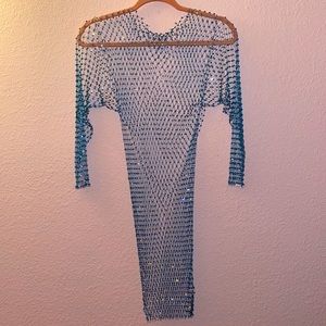 Teal fishnet rhinestone long sleeve o-neck dress size small but stretchy